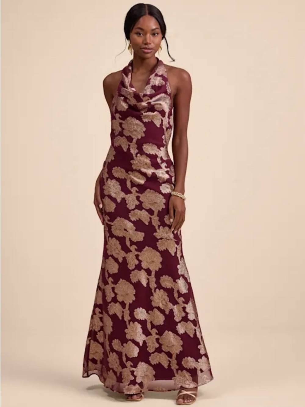 Lulus Zafira Burgundy And Gold Burnout Cowl Halter Maxi Dress Red - Size L - Picture 3 of 7